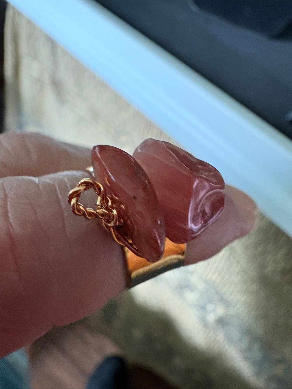 Handcrafted Brown Glass Bead Ring - Gold Tone
